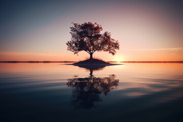 Fototapeta na wymiar Tree standing in the water during a breathtaking sunset, with its reflection creating a sense of calm and tranquility. Ai generated