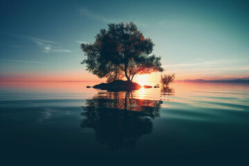 Naklejka na ściany i meble Tree standing in the water during a breathtaking sunset, with its reflection creating a sense of calm and tranquility. Ai generated
