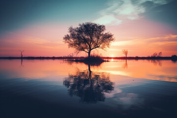 Fototapeta premium Tree standing in the water during a breathtaking sunset, with its reflection creating a sense of calm and tranquility. Ai generated