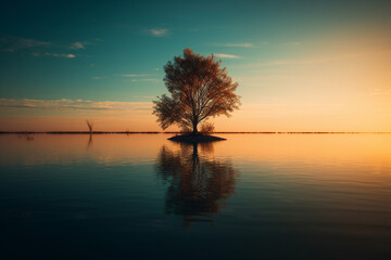 Obraz na płótnie Canvas Tree standing in the water during a breathtaking sunset, with its reflection creating a sense of calm and tranquility. Ai generated