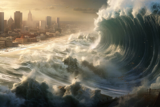 The Wrath of Nature: A Giant Tsunami Wave Approaches a City. Ai generated