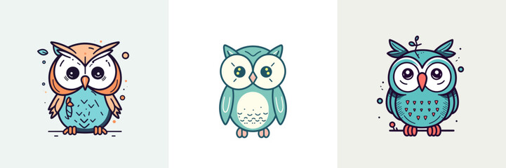 Owl mascot kawaii cartoon bird illustration set collection