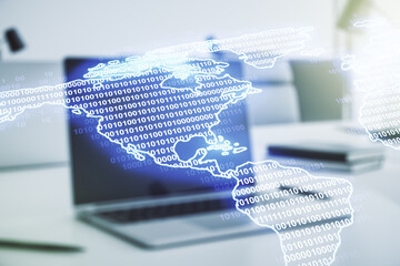 Digital America map on modern computer background, global technology concept. Multiexposure