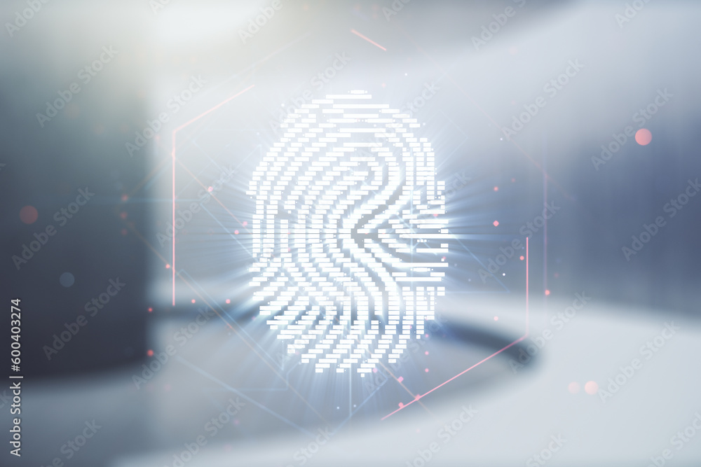 Aufkleber multi exposure of virtual creative fingerprint hologram on empty corporate office background, person