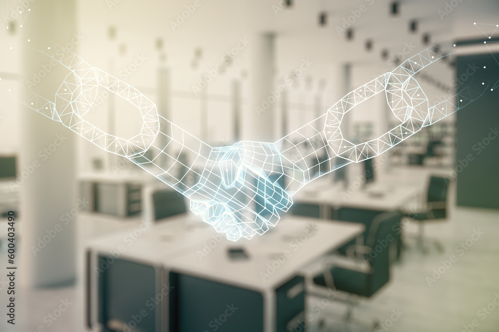 Poster abstract virtual block chain technology hologram with handshake on a modern furnished classroom back