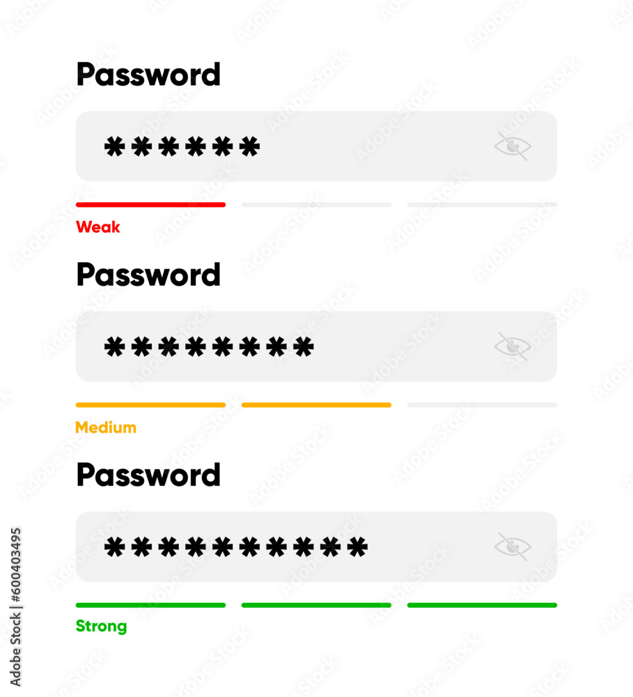 Poster password weak, medium and strong. password form template for website and programs. digital security 