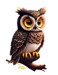 Obraz premium cartoon owl on a branch on a transparent background, generative ai
