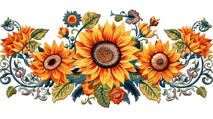 Fototapeta na wymiar floral pattern with sunflowers in the style of Ukrainian folk embroidery on a transparent background, generative ai