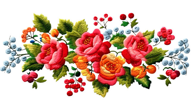 floral pattern with roses and berries in the style of Ukrainian folk embroidery on a transparent background, generative ai