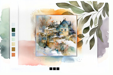 template of seasonal mood board with watercolor elements, paper texture and countryside. Generative AI