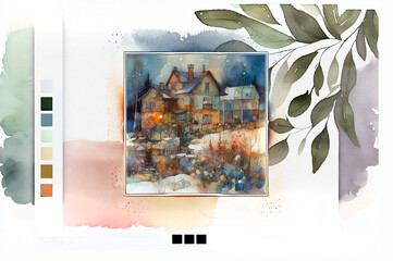 template of seasonal mood board with watercolor elements, paper texture and countryside. Generative AI