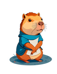 kind cartoon humanoid capybara on its hind legs in clothes, on a transparent background, generative ai