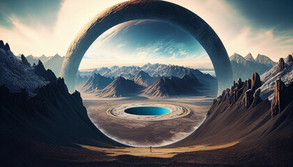A circle with mountains and a planet in the middle, Generative AI