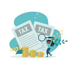 Checking tax documents, income tax filing, return and payment concept, flat design icon vector illustration. A girl with a magnifying glass looks at documents.
