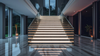 Stairs with LED lighting in a modern interior. Ai generated.