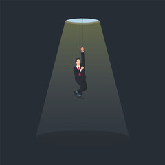 Businessman climbing by rope from the hole. Rise from failure concept vector illustration