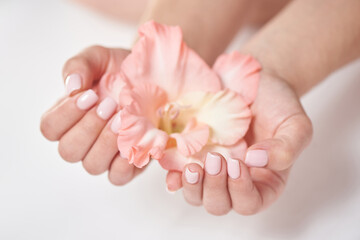 Obraz na płótnie Canvas Gentle manicure of natural color and gladiolus flower. The concept of femininity