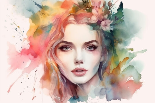 A Watercolor Portrait of a Beautiful Woman. Delicate beauty of a woman with flowers in her hair watercolor aquarella style. Ai generated © twindesigner