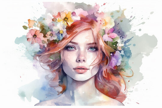 A Watercolor Portrait of a Beautiful Woman. Delicate beauty of a woman with flowers in her hair watercolor aquarella style. Ai generated © twindesigner