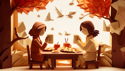A paper cutout of two women sitting at a table with autumn leaves on the wall, Generative AI