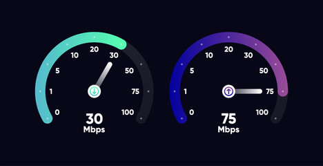 Internet download and upload speed test gauge. Internet speed test software and network performance information. Internet connection speed test. Modern design for software. Vector illustration.