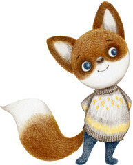Cute little fox - color pencil illustration