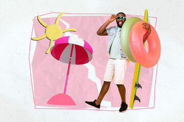 Photo cartoon comics sketch collage picture of excited funky guy coming beach enjoying activities...