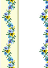 Rectangular vertical frame with floral pattern. Summer pansy flowers in frame ornament. Hand-drawn watercolor illustration isolated on white background for cards, banner, wedding invitations.