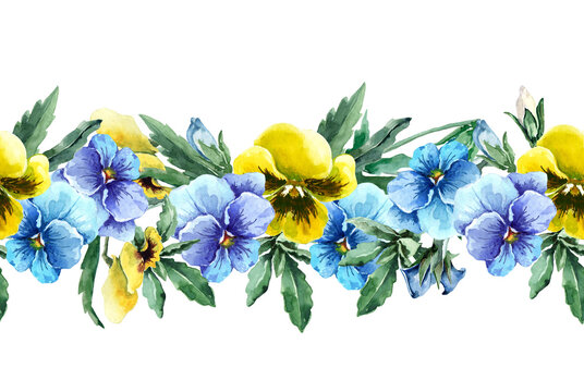 Seamless floral border. Ornament of field flowers pansies. Summer pattern on a horizontal stripe. Flowering plants. Hand drawn watercolor illustration isolated on white background for fabric, textile.