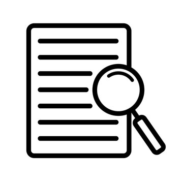 Search result icon. Research report analyse line sign. Analytics case study outline vector symbol with magnify glass. Isolated black thin icon for document review. suitable for app or web ui design.