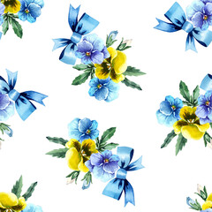 Seamless floral summer pattern. Cute pattern with bunches of pansy flowers. Hand drawn watercolor illustration isolated on white background for fabric design, textile, wallpaper, wrapping.