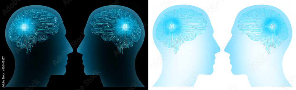 Poster human head with brain microchip and main board texture blue glow. artificial intelligence concept tr