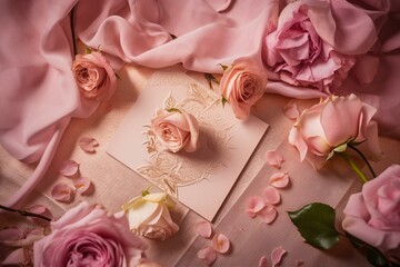 Wedding mockup featuring a blank square card amid pink roses and silk ribbons on a pink backdrop viewed from above. Generative AI