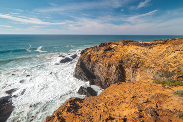 Breathtaking prehistoric cliffs on the Atlantic coast of Odemira region, western Portugal. Wandering along the Fisherman Trail, Rota Vicentina