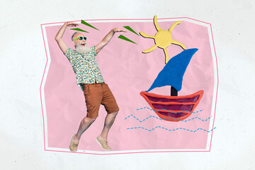 Photo collage artwork minimal picture of cool funky senior guy exciting rising yacht isolated...