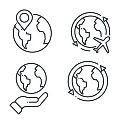 Travel around world linear icons set. International tourism. Planet map navigation. Isolated vector outline illustrations.