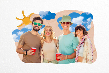 Collage picture of cheerful peaceful people hold plastic drink cup plasticine sun clouds sky...