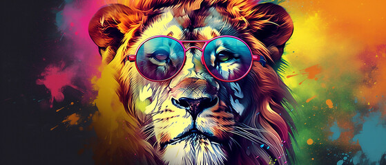 Cool lion with sunglasses on colorful background, Generative AI