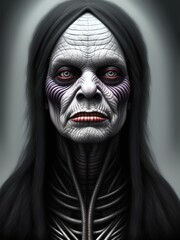Portrait of a creepy grandma with black hair and white skin, close-up, Digital illustration, gothic art, Generative AI.