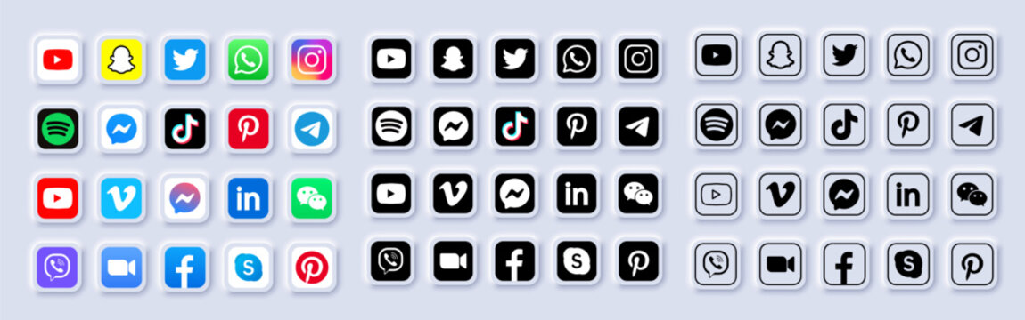 Facebook, instagram, snapchat, twitter, YouTube, whatsapp, viber, spotify, tiktok, pinterest, telegram, skype, messenger, duo logo. Logotype of social networks. Neomorphism. Editorial