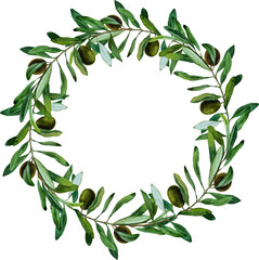 Olive leaves branch, watercolor wreath, frame, illustration invitation