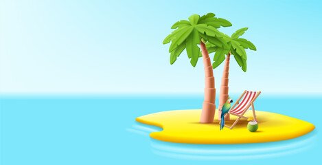 Tropical island with beach chair on palms island with cocktails and tropical birds