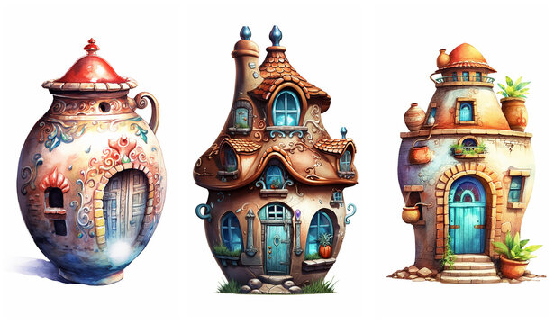 Watercolour fantasy pottery houses. Greeting cards and envelopes artwork project 1.