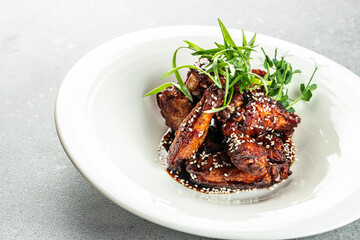 baked barbecue chicken wings with sesame, banner, menu, recipe place for text, top view