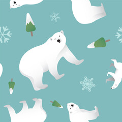 Polar Bears, pines and snowflake seamless pattern with green background. Winter and christmas concept wrapping paper.