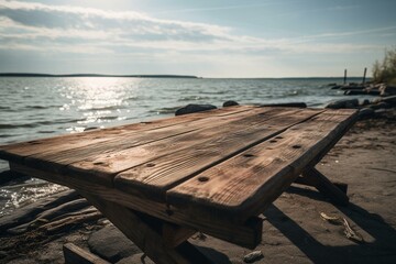 Fototapeta na wymiar Vacant wooden table resting at the shoreline. Generative AI