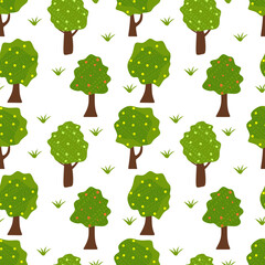 Seamless pattern with Green fruit trees. Different trees with ripe fruits in flat illustration. Simple colorful organic orchard. Natural harvest vector illustration