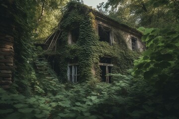 Overgrown ruins of old house with abundant flora in woods. Generative AI