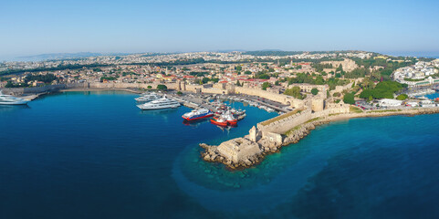 Fototapeta na wymiar Summer aerial view of city port and fort Rhodes island, Greece, Europe