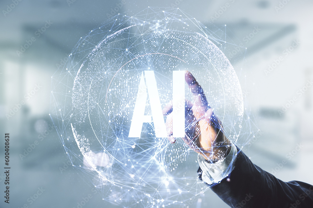 Aufkleber man hand clicks on creative artificial intelligence symbol hologram on blurred office background. do